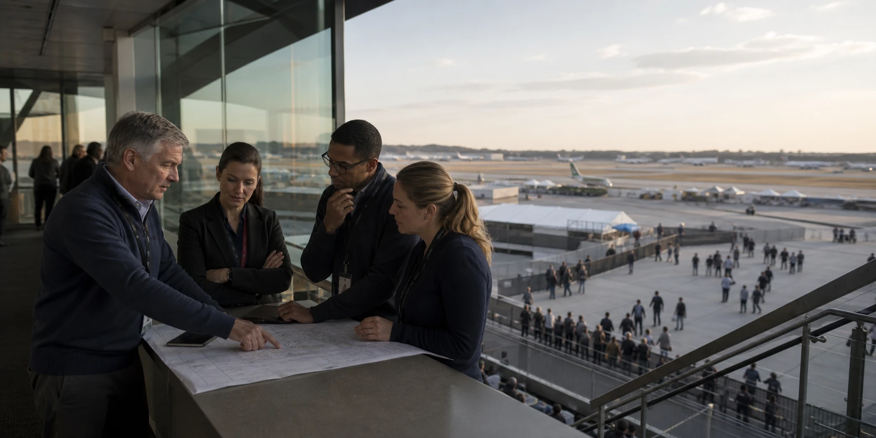 Conceptual senior operational coordination overlooking a complex event and aviation environment