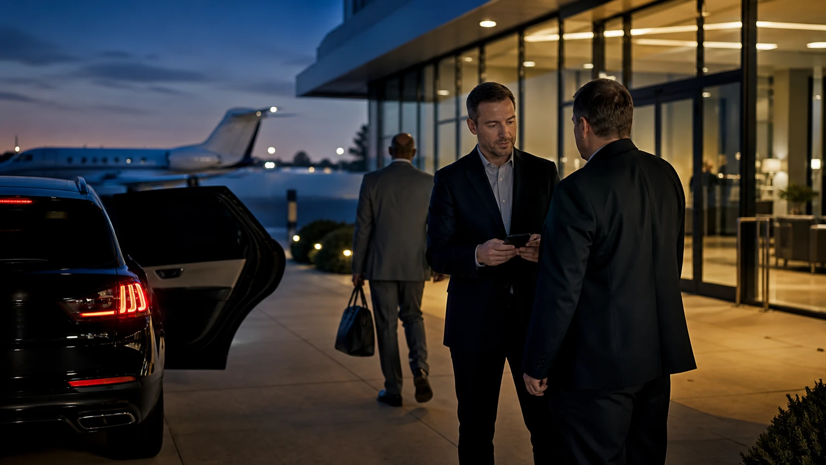 Conceptual advance coordination and executive movement at a private aviation arrival