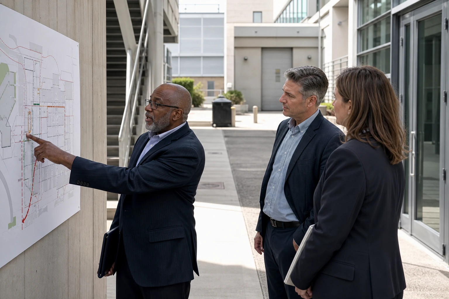 Conceptual organizational leaders reviewing preparedness and facility access on site