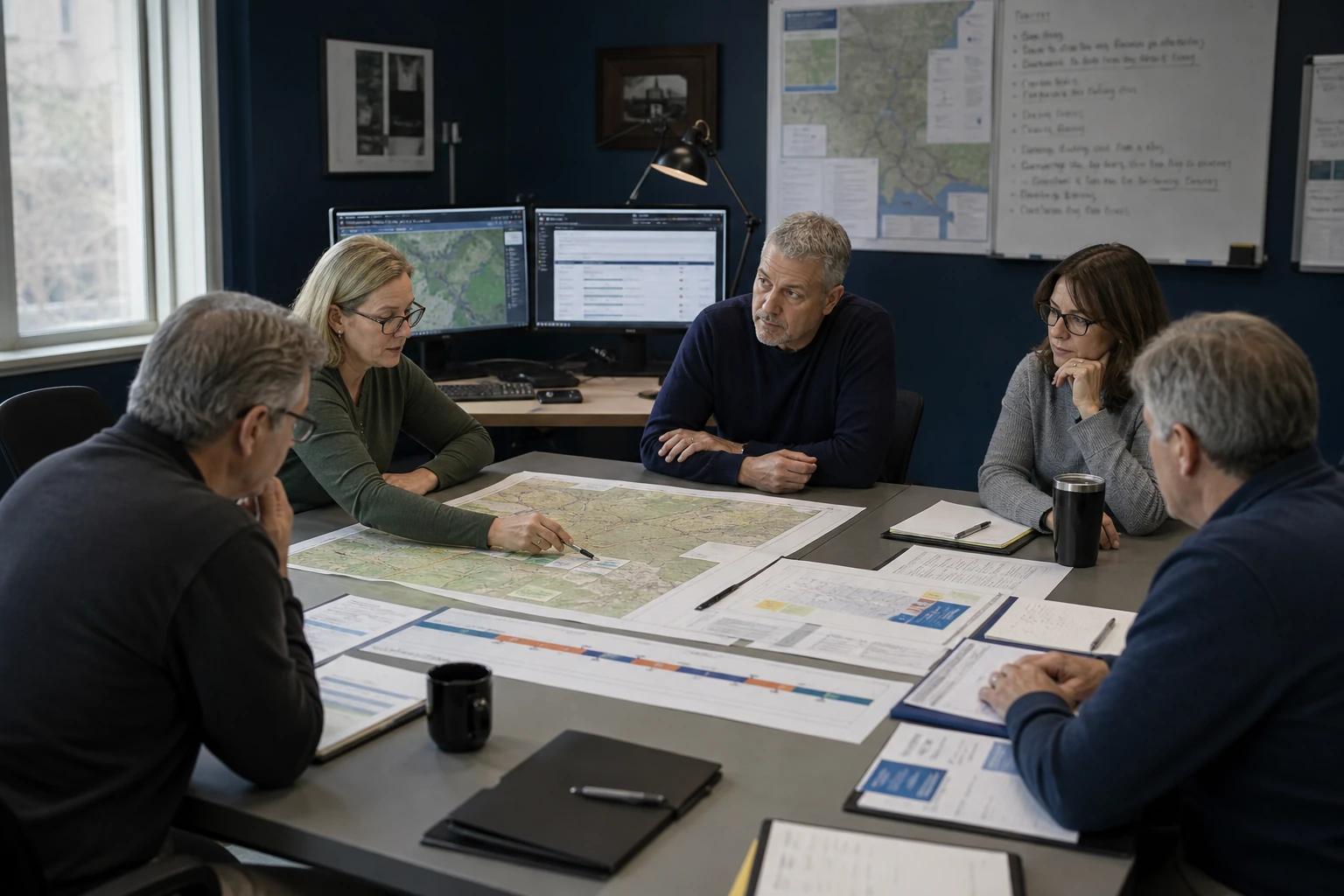 Conceptual team reviewing physical and digital preparedness information during a tabletop exercise